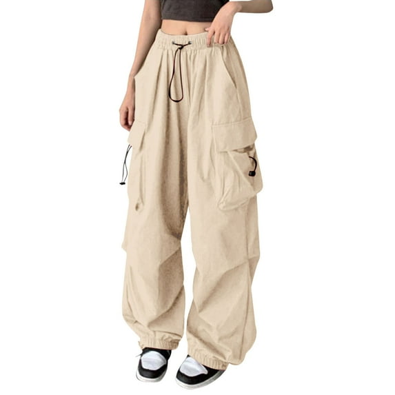 BODOAO Cargo Pants for Women High Waist Baggy Casual Parachute Trousers Loose Fit Y2K Streetwear with Multi Pockets Baggy Wide Leg Jogging Bottoms Oversized Track Pants Parachute Trousers Beige L