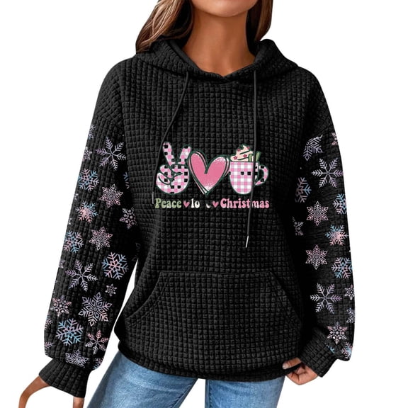 BODOAO Christmas Hoodies for Women Pullover Letter Printed Waffle Knit Oversized Hoodie Long Sleeve Tops with Pocket Christmas Sweatshirts Casual Xmas Cute Graphic Pullover Top Black M