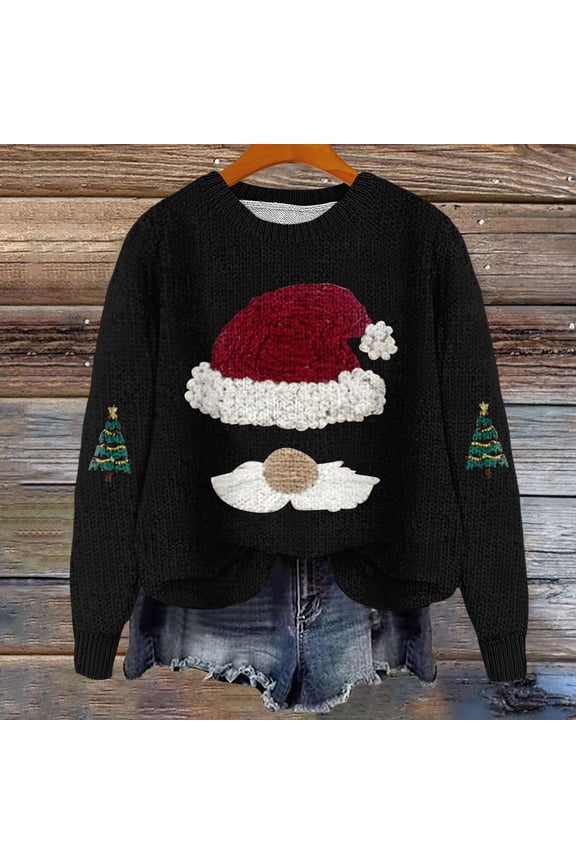 Christmas Sweater for Women Cute Santa Xmas Sweatshirts Novelty Funny Long Sleeve Creweck Knit Sweaters Knitted Pullover Funny Graphic Fall Casual Loose Fit Tops 2025 Black L