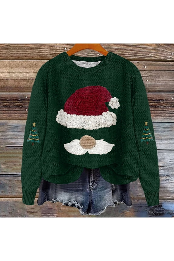 Christmas Sweater for Women Cute Santa Xmas Sweatshirts Novelty Funny Long Sleeve Creweck Knit Sweaters Knitted Pullover Funny Graphic Fall Casual Loose Fit Tops 2025 Blackish Green L