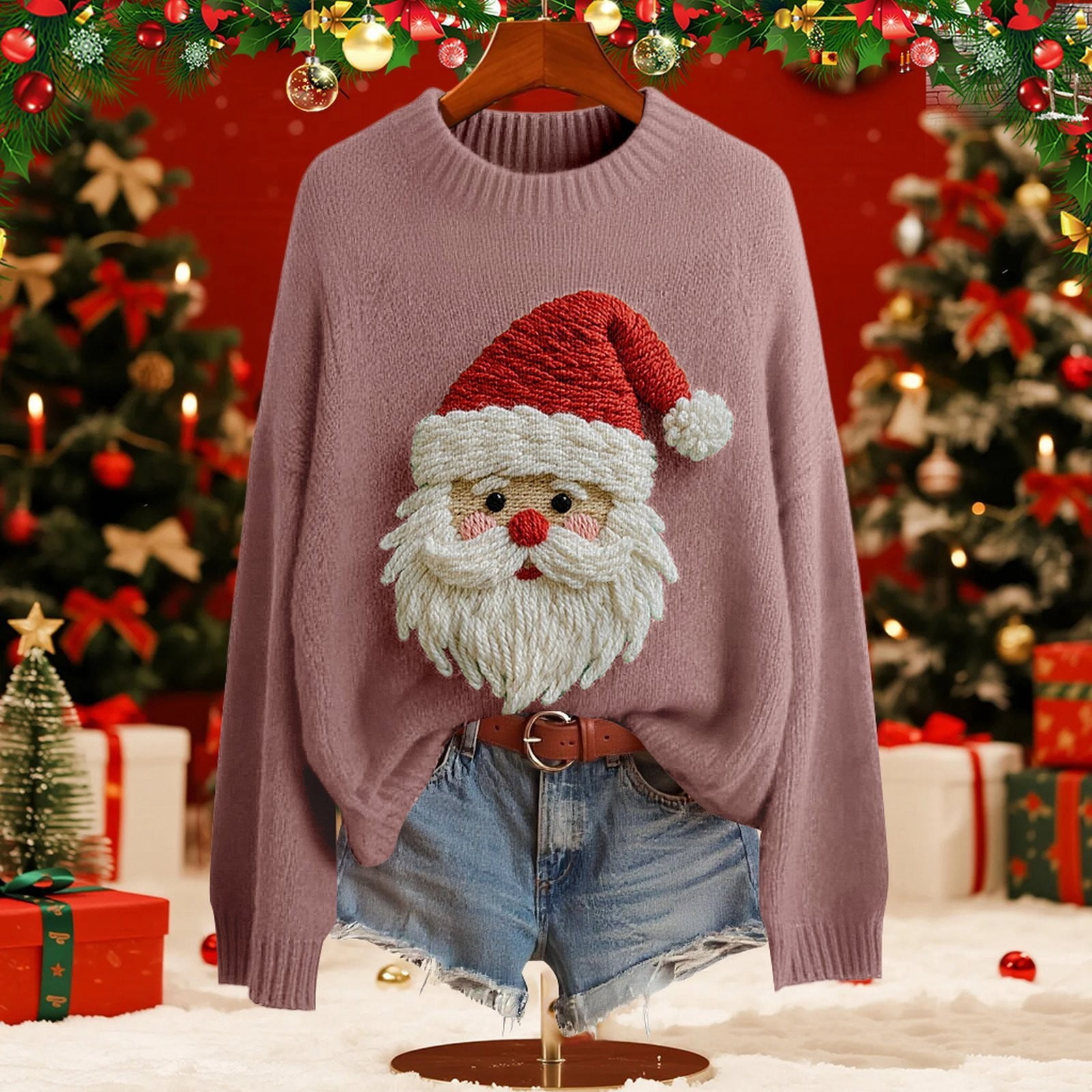 BODOAO Christmas Sweater for Women Retro Cute Santa Claus Graphic Long Sleeve Knitted Crew Neck Xmas Pullover Tops Novelty Funny Creweck Knit Pullover Sweaters Holiday Party Graphic Sweatshirts