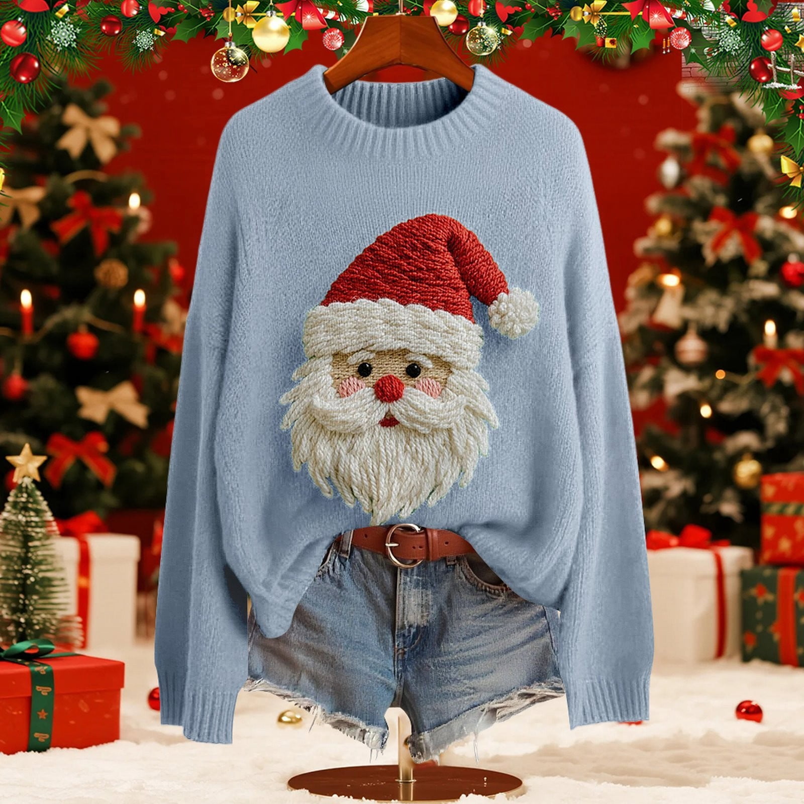 BODOAO Christmas Sweater for Women Retro Cute Santa Claus Graphic Long Sleeve Knitted Crew Neck Xmas Pullover Tops Novelty Funny Creweck Knit Pullover Sweaters Holiday Party Graphic Sweatshirts