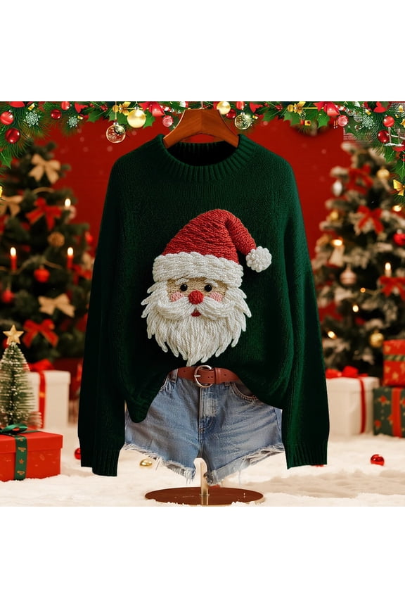 Christmas Sweater for Women Retro Cute Santa Claus Graphic Long Sleeve Knitted Crew Neck Xmas Pullover Tops Novelty Funny Creweck Knit Pullover Sweaters Holiday Party Graphic Sweatshirts