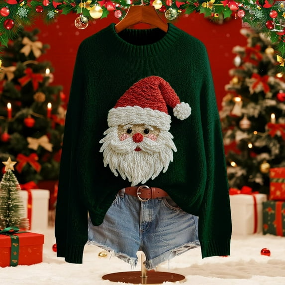 BODOAO Christmas Sweater for Women Retro Cute Santa Claus Graphic Long Sleeve Knitted Crew Neck Xmas Pullover Tops Novelty Funny Creweck Knit Pullover Sweaters Holiday Party Graphic Sweatshirts