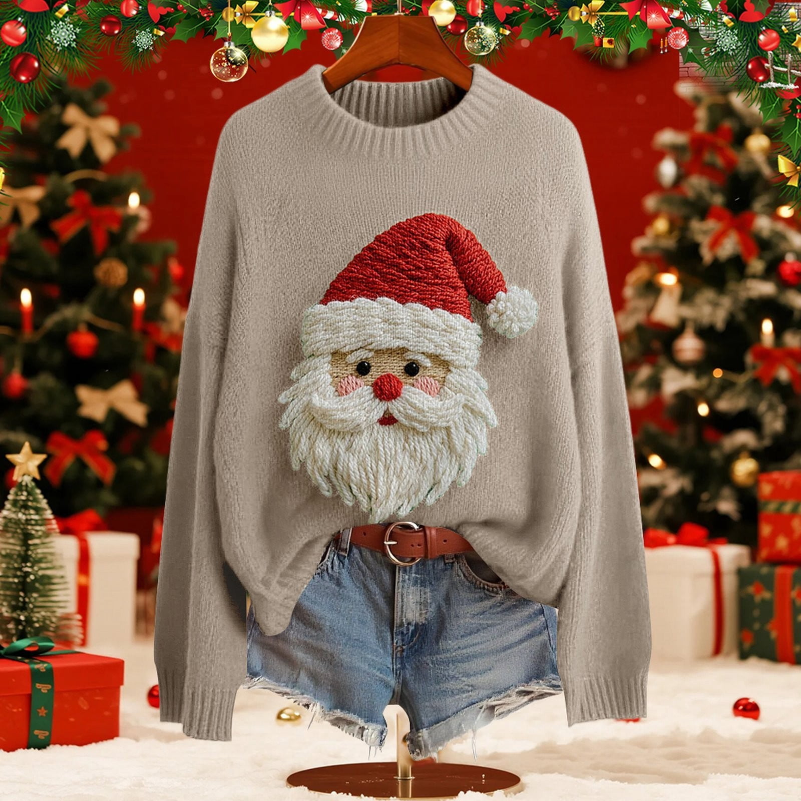 BODOAO Christmas Sweater for Women Retro Cute Santa Claus Graphic Long Sleeve Knitted Crew Neck Xmas Pullover Tops Novelty Funny Creweck Knit Pullover Sweaters Holiday Party Graphic Sweatshirts
