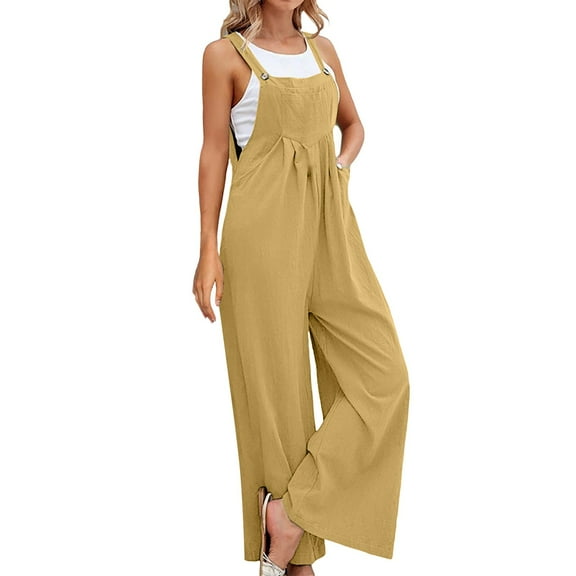 BODOAO Clearance Sale!! Overalls for Women Linen Casual Sleeveless Jumpsuits Straps Bib Overall Baggy Pleated Palazzo Pants with Pockets Popular Women's Pants Solid Color Casual Pants Overalls