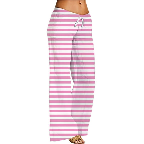 BODOAO Comfy Pajama Pants for Women Casual Drawstring Stripe Palazzo Lounge Pants Stretch Wide Leg Bottoms Casual Loose Wide Leg Pants with Pockets Pink L