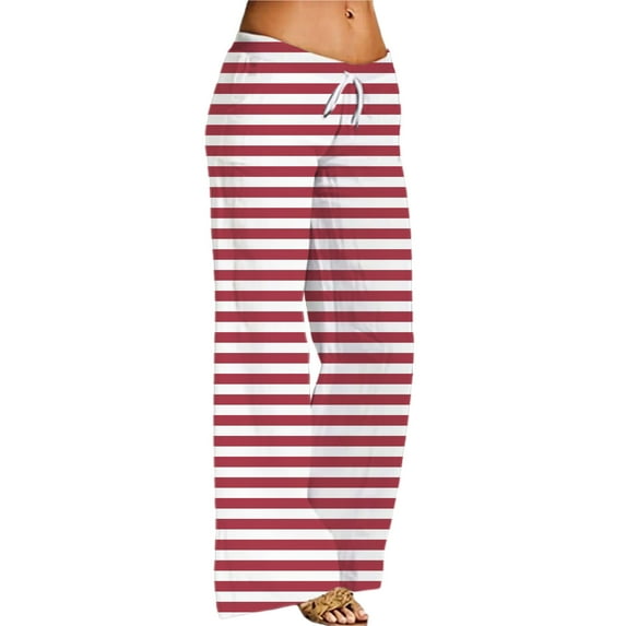 BODOAO Comfy Pajama Pants for Women Casual Drawstring Stripe Palazzo Lounge Pants Stretch Wide Leg Bottoms Casual Loose Wide Leg Pants with Pockets Watermelon Red M