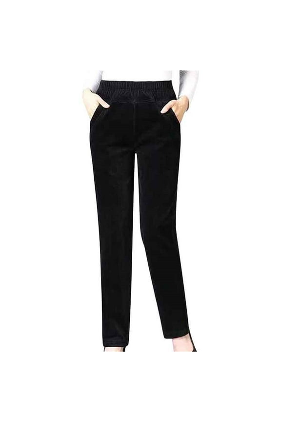 Corduroy Pants for Women Elastic High Waist Pull On Straight Leg Slacks Casual Fall Trousers with Pockets Lined Leggings Women High Waisted Thick Warm Soft Pants Black L