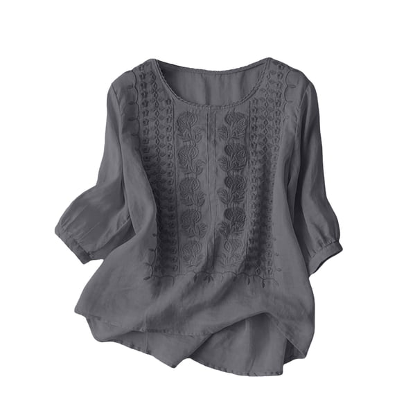 BODOAO Cotton Linen Embroidered Shirt for Women Boho Tops Summer Scoop Neck 2026 Trendy Workout Tops Vacation Shirts Basic Tees Peasant Blouses Soft Breathable 3/4 Sleeve Grey L