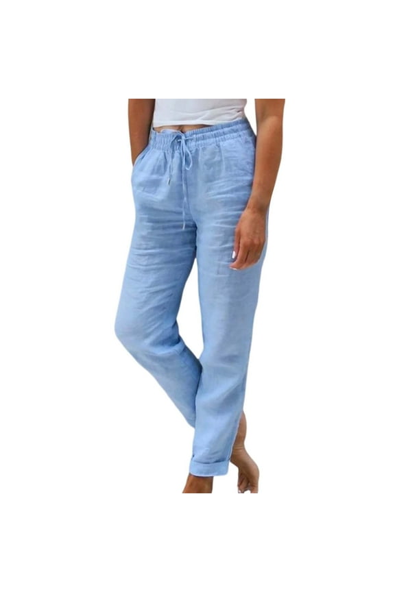 Cotton Linen Pants Women Boho Jogger Tapered Leg Summer Casual Drawstring Elastic Waist Lightweight Joggers Pockets Summer Elastic High Waisted Solid Color Loose Trousers Blue L