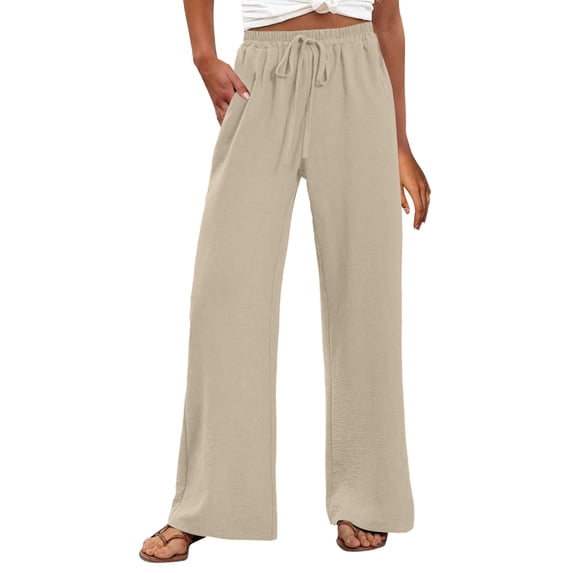 BODOAO Cotton Linen Pants Women High Waist Pants Drawstring Elastic Waist Trousers with Pockets Pull-On Pants Palazzo Trousers Boho Travel Pant Flowy Wide Leg Trousers Work Business Trousers Beige S