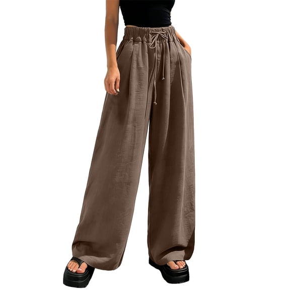 BODOAO Cotton Linen Pants Women Soft Comfy Long Lounge Pants for Summer Pockets Pants for Women Cotton Gauze Pants for Women Breathable Linen Pant High Waist Pants Beach Vacation Clothes Brown 5XL