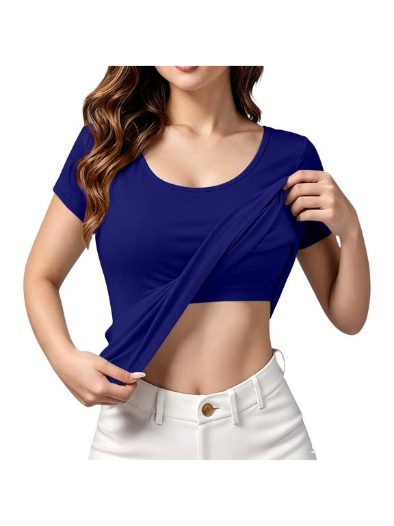 Crop Tops for Women with Built In Bra Short Sleeve Scoop Neck Padded Shirt, Soft Stretch Fitted Basic Summer Tee for Yoga Workout Lounge Going Out Casual Outfits Blue XL