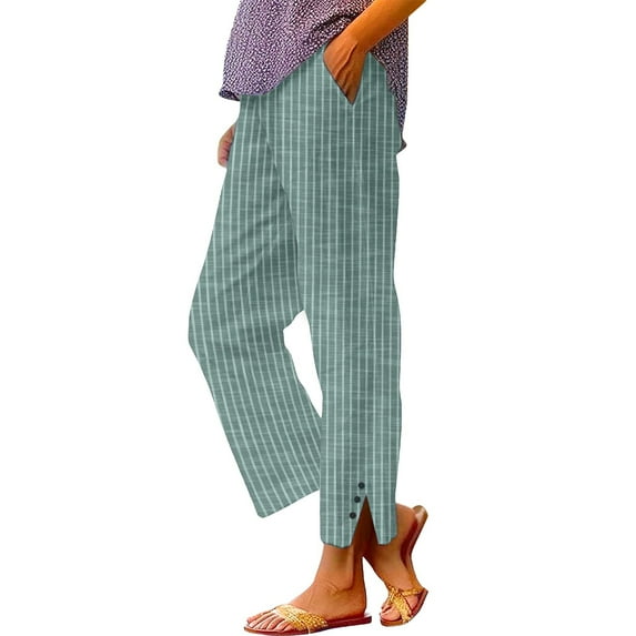 BODOAO Cropped Pants for Women Fashionable Casual Buttons with Pockets Cotton and Linen Loose Trousers Cropped Trousers Striped Cotton and Linen Pants Green S