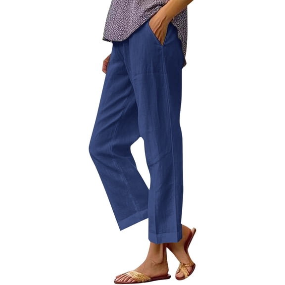 BODOAO Cropped Pants for Women Loose Pocket Cotton and Linen Casual Pants Blue M