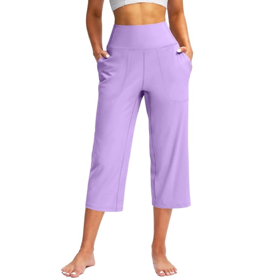 BODOAO Dancing Flare Workout Capri Pants for Women Resort Wear Stretching Workout Travel Drawstring Waist High Waisted Wide Leg Palazzo Pants Lightweight Pilates Tummy Control Stretchy Purple S