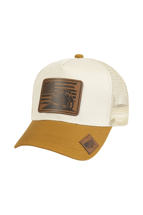 Distressed Tractor USA Flag Leather Patch Trucker Hat, Retro Farmer Agriculture Farming Baseball Cap Men Women, Mesh Back Adjustable 4th of July Patriotic Dad Hat Gift Beige