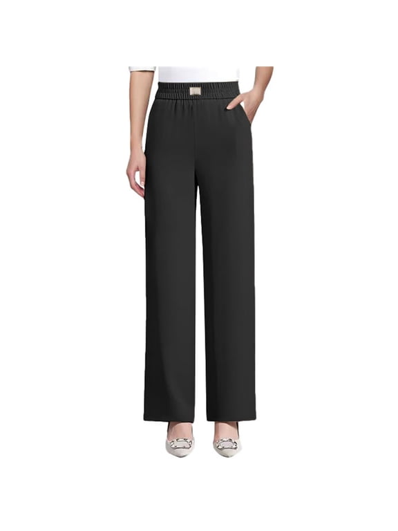 Dress Pants Women Work Business Pants Tummy Control Office Straight Leg Trousers High Waisted Ladies Slacks Perfect Drape High Pull Pants for Senior Over 50 Black M