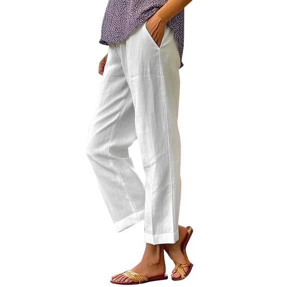 BODOAO Elastic Waist Cropped Wide Leg Pants Women Lightweight Vacation Beach Pants Elastic Waist Pants Comfort Pants Travel Stretchy Loungewear Easy Care Wide Leg Straight Leg Breathable White 2XL