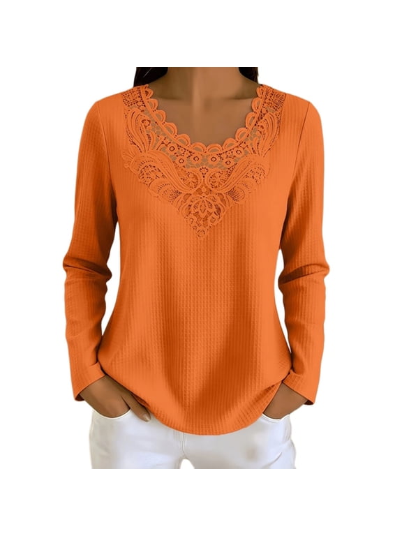 Elegant Lace Applique V Neck Tops for Women, Hollow Crochet Long Sleeve Textured Blouse with Curved Hem, Dressy Casual Shirt for Work, Church and Dates Orange M