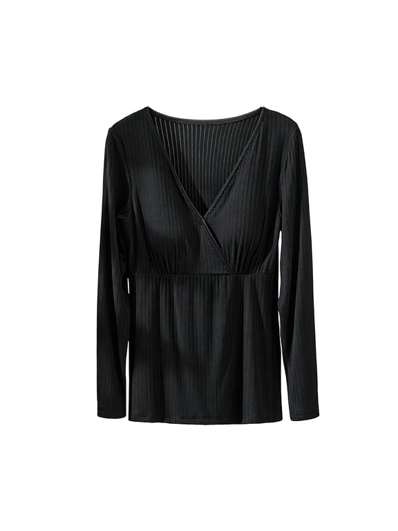Empire Waist Peplum Tops for Women, Ribbed Surplice V Neck Long Sleeve Fitted Shirt with Picot Trim, Soft Stretch Lounge Blouse for Pajama Bottoms and Jeans Black 2XL