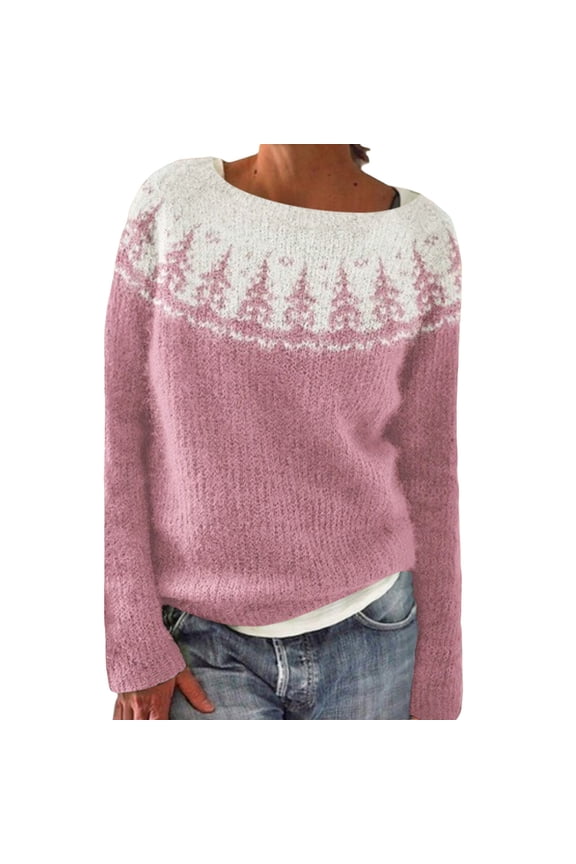 Fall Sweaters for Women Casual Long Sleeve Knitted Isle Print Retro Sweater Loose Crewneck Long Sleeve Lightweight Cropped Pullover Tops Knit Winter Going Out Tops Pullover Sweater Tops Pink L