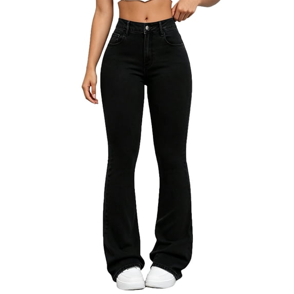 BODOAO Flare Jeans for Women High Waisted Denim Pants with Fitted Hip and Thigh Wide Flared Leg Classic Five Pocket Bell Bottom Silhouette Casual Everyday Jeans Black L