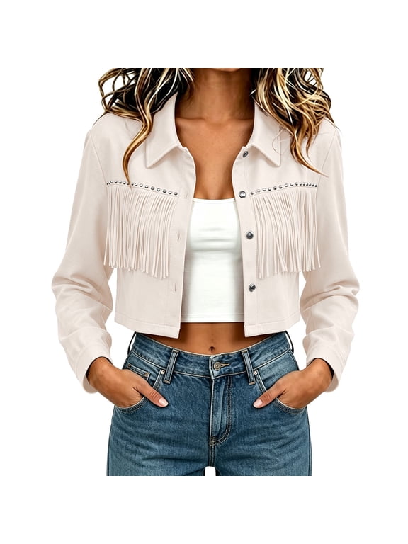 Fringe Jackets for Women Cropped Western Button Front Coat with Studded Trim and Long Sleeves Country Concert Layering Top for Fall and Festival Outfits Beige L