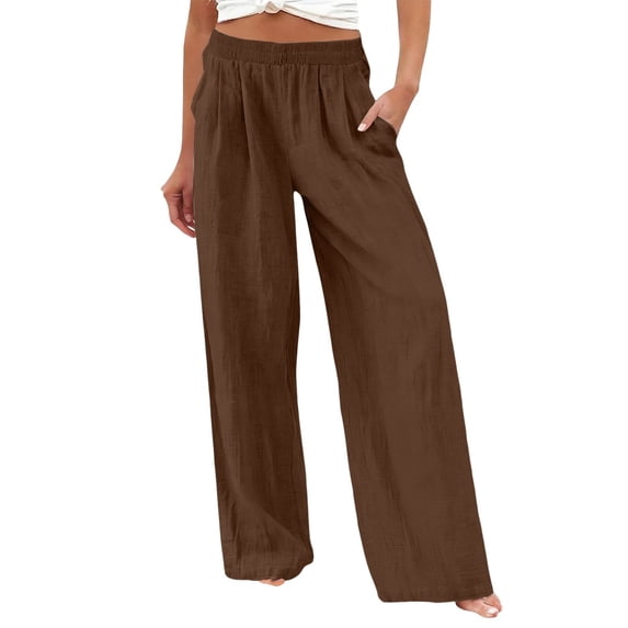 BODOAO Full Length Linen-Cotton Pants for Women High Waist Elastic Waist Pants Casual Plus Size Loose Trousers Straight Leg Full Length Travel Pants Comfort Pants Stretchy Palazzo Pants Coffee 3XL