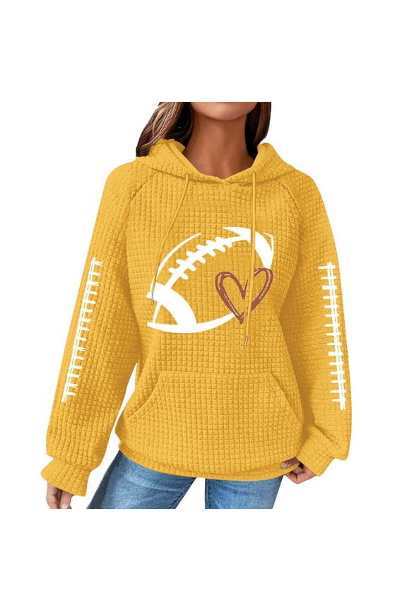 Game Day Hooded Sweatshirt Women Funny Football Graphic Shirt Waffle Knit Game Day Pullover Hoodies Long Sleeve Knit Hoodie Sweatshirt Football Graphic Pullover Sweater Yellow 3Xl