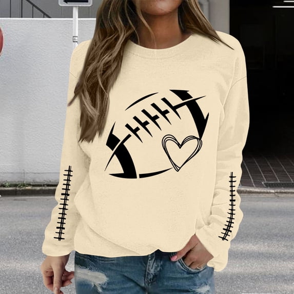 BODOAO Game Day Sweatshirts for Women Football Sweatshirts Funny Football Crewneck Long Sleeve Pullover Tops Heart Football Graphic Hoodies Football Mom Sweatshirt Rugby Season Game Day Outfits