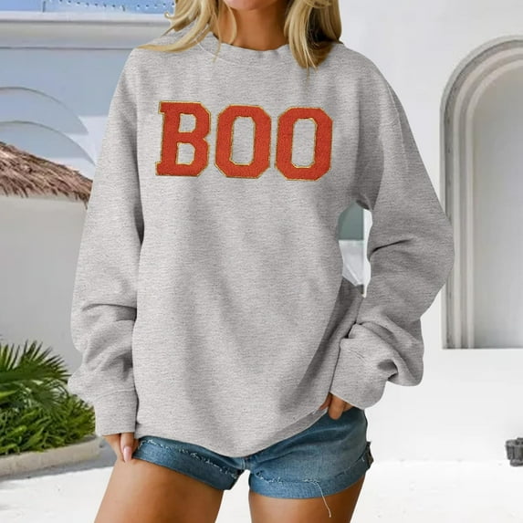 BODOAO Halloween Sweatshirt for Women Cute Boo Graphic Shirt Crewneck Ghost Pullover Sweater Tops Cute Spooky Season Shirt Long Sleeve Fall Winter Pullover Tops Grey XXL