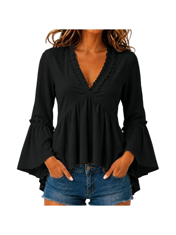 High Low Ruffle Babydoll Tops for Women, Frilled V Neck Bell Sleeve Empire Peplum Blouse, Dressy Flowy Swing Shirt for Work, Brunch and Dinner Date Nights Black 2XL