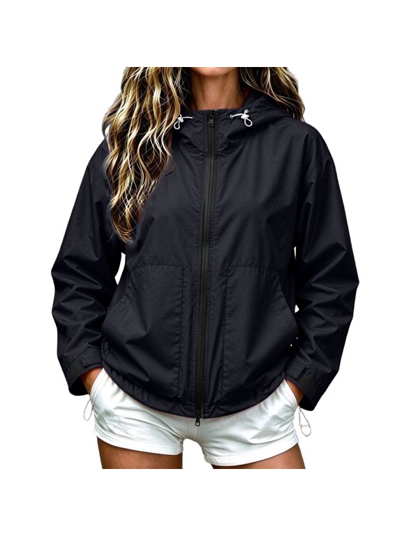 Hooded Waterproof Rain Jacket for Womens Leopard Print Full Zip Windbreaker with Pockets Lightweight Raincoat Adjustable Hood Cuffs Outdoor Outerwear for Hiking Travel Wet Weather Black 2XS