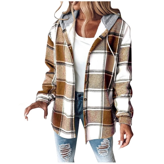 BODOAO Jackets for Women with Hood Casual Loose Button Down Buffalo Plaid Flannel Shirts Fall Winter Fashion Fleece Shacket Sherpa Lined Warm Long Sleeve Y2K Coats Flannel Jacket for Women Khaki XXL