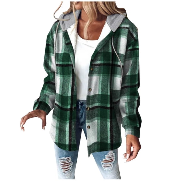 BODOAO Jackets for Women with Hood Casual Loose Button Down Buffalo Plaid Flannel Shirts Fall Winter Fashion Fleece Shacket Sherpa Lined Warm Long Sleeve Y2K Coats Flannel Jacket for Women Green S