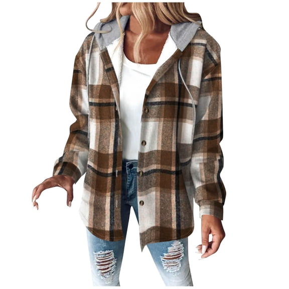 BODOAO Jackets for Women with Hood Casual Loose Button Down Buffalo Plaid Flannel Shirts Fall Winter Fashion Fleece Shacket Sherpa Lined Warm Long Sleeve Y2K Coats Flannel Jacket for Women Brown S