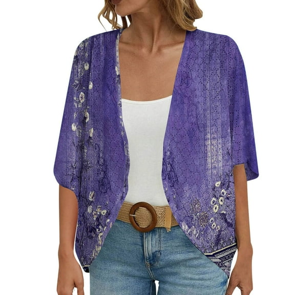 BODOAO Kimono Cardigans for Women,Casual Open Front 3/4 Sleeve Cardigan,Plus Size Lightweight Shawls Ruana Wraps Court Lock Spring and Solid Color Circle Short Sleeved Cardigan Loose Top Purple L