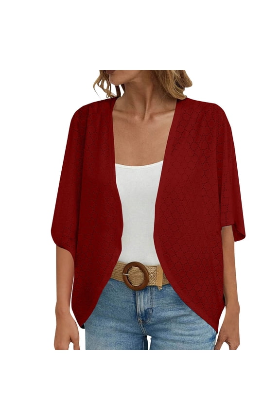 Kimono Cardigans for Women,Casual Open Front 3/4 Sleeve Cardigan,Plus Size Lightweight Shawls Ruana Wraps Court Lock Spring and Solid Color Circle Short Sleeved Cardigan Casual Loose Top Wine L