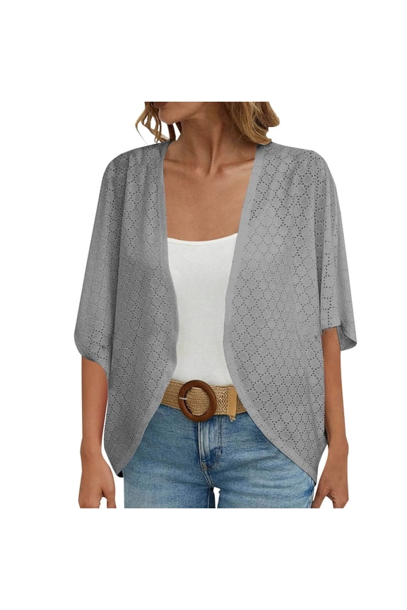 Kimono Cardigans for Women,Casual Open Front 3/4 Sleeve Cardigan,Plus Size Lightweight Shawls Ruana Wraps Court Lock Spring and Solid Color Circle Short Sleeved Cardigan Casual Loose Top Grey M