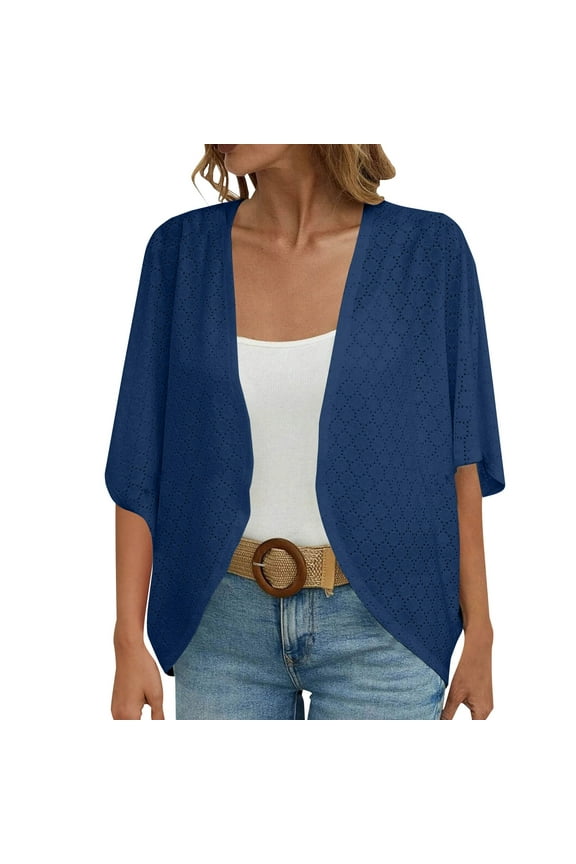 Kimono Cardigans for Women,Casual Open Front 3/4 Sleeve Cardigan,Plus Size Lightweight Shawls Ruana Wraps Court Lock Spring and Solid Color Circle Short Sleeved Cardigan Loose Top Dark Blue L