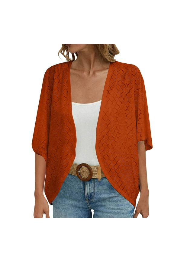 Kimono Cardigans for Women,Casual Open Front 3/4 Sleeve Cardigan,Plus Size Lightweight Shawls Ruana Wraps Court Lock Spring and Solid Color Circle Short Sleeved Cardigan Loose Top Orange Xxl