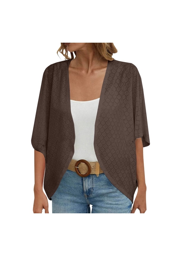 Kimono Cardigans for Women,Casual Open Front 3/4 Sleeve Cardigan,Plus Size Lightweight Shawls Ruana Wraps Court Lock Spring and Solid Color Circle Short Sleeved Cardigan Loose Top Coffee M