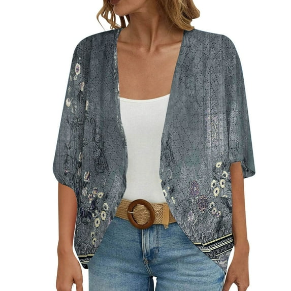 BODOAO Kimono Cardigans for Women,Casual Open Front 3/4 Sleeve Cardigan,Plus Size Lightweight Shawls Ruana Wraps Court Lock Spring and Solid Color Circle Short Sleeved Cardigan Casual Loose Top Grey M