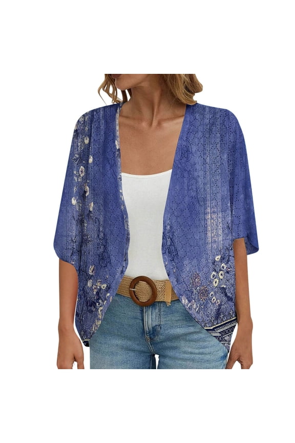 Kimono Cardigans for Women,Casual Open Front 3/4 Sleeve Cardigan,Plus Size Lightweight Shawls Ruana Wraps Court Lock Spring and Solid Color Circle Short Sleeved Cardigan Loose Top Blue Xxl