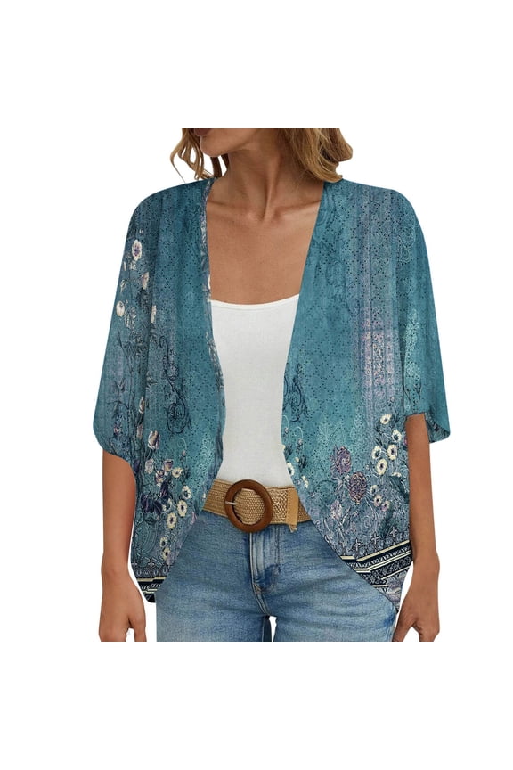Kimono Cardigans for Women,Casual Open Front 3/4 Sleeve Cardigan,Plus Size Lightweight Shawls Ruana Wraps Court Lock Spring and Solid Color Circle Short Sleeved Loose Top Mint Green Xxl