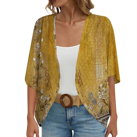BODOAO Kimono Cardigans for Women,Casual Open Front 3/4 Sleeve Cardigan,Plus Size Lightweight Shawls Ruana Wraps Court Lock Spring and Solid Color Circle Short Sleeved Cardigan Loose Top Yellow L