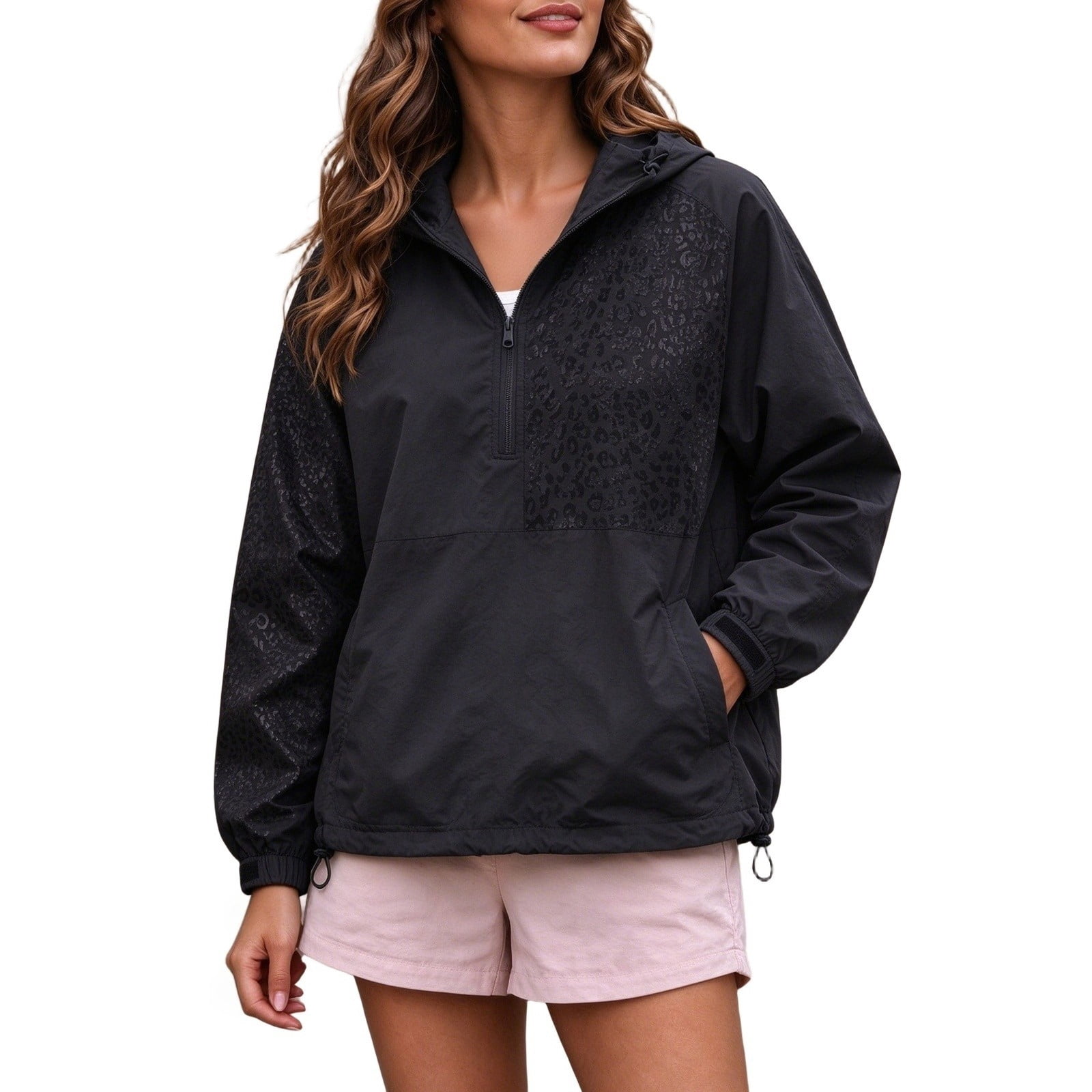 BODOAO Leopard Print Hooded Windbreaker for Womens Half Zip Pullover ...