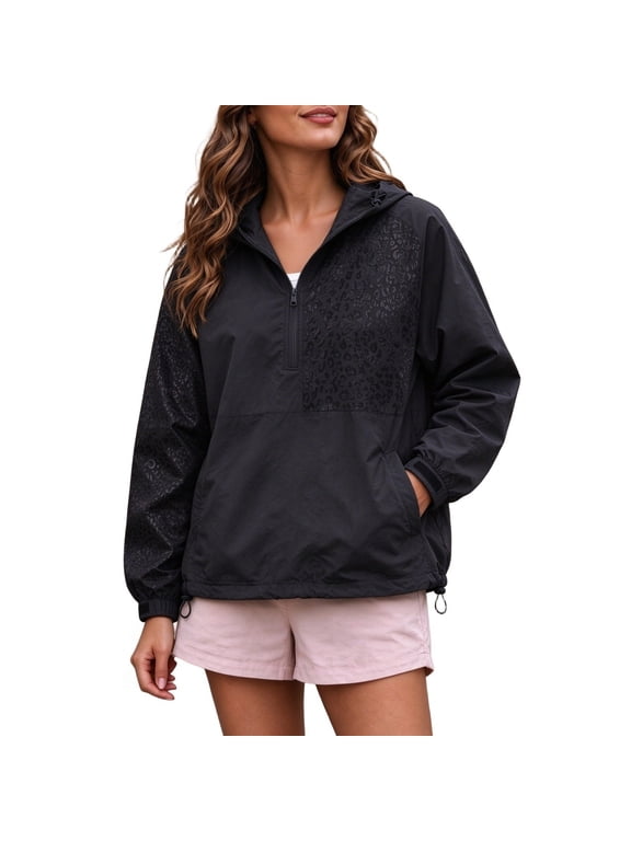 Leopard Print Hooded Windbreaker for Womens Half Zip Pullover Rain Jacket with Kangaroo Pocket Long Sleeve Lightweight Windproof Coat Casual Outdoor Active Outerwear for Hiking Travel 2XL